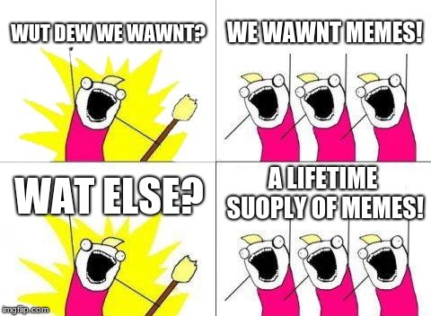 What Do We Want Meme | WUT DEW WE WAWNT? WE WAWNT MEMES! A LIFETIME SUOPLY OF MEMES! WAT ELSE? | image tagged in memes,what do we want | made w/ Imgflip meme maker