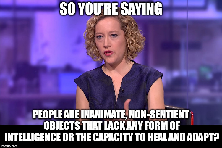 So you're saying | SO YOU'RE SAYING PEOPLE ARE INANIMATE, NON-SENTIENT OBJECTS THAT LACK ANY FORM OF INTELLIGENCE OR THE CAPACITY TO HEAL AND ADAPT? | image tagged in so you're saying | made w/ Imgflip meme maker