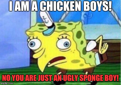 Mocking Spongebob Meme | I AM A CHICKEN BOYS! NO YOU ARE JUST AN UGLY SPONGE BOY! | image tagged in memes,mocking spongebob | made w/ Imgflip meme maker
