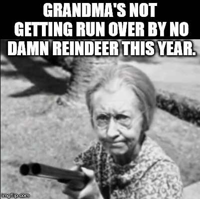 Grannys got a gun. |  GRANDMA'S NOT GETTING RUN OVER BY NO DAMN REINDEER THIS YEAR. | image tagged in granny | made w/ Imgflip meme maker