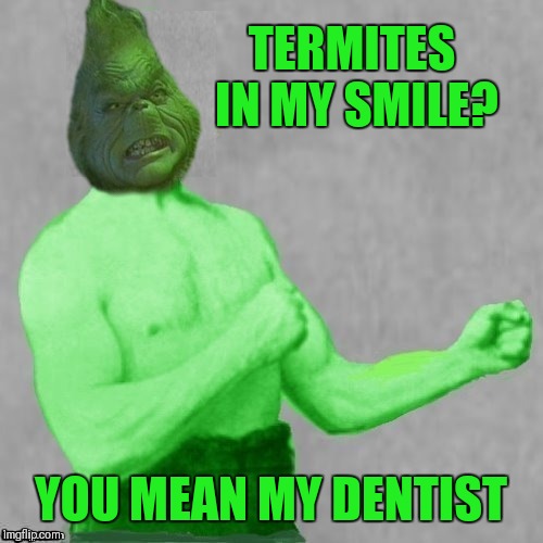 Overly Grinchy Grinch... How The Grinch Stole Christmas Week Dec 9th - Dec 14th (A 44colt event) | TERMITES IN MY SMILE? YOU MEAN MY DENTIST | image tagged in memes,funny,overly manly man,dashhopes,how the grinch stole christmas week,grinch | made w/ Imgflip meme maker