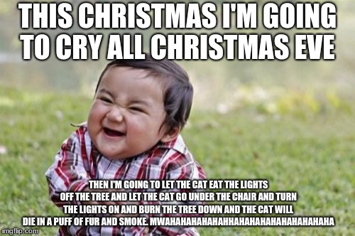 Evil Toddler Meme | THIS CHRISTMAS I'M GOING TO CRY ALL CHRISTMAS EVE; THEN I'M GOING TO LET THE CAT EAT THE LIGHTS OFF THE TREE AND LET THE CAT GO UNDER THE CHAIR AND TURN THE LIGHTS ON AND BURN THE TREE DOWN AND THE CAT WILL DIE IN A PUFF OF FUR AND SMOKE. MWAHAHAHAHAHAHHAHAHAHAHAHAHAHAHAHA | image tagged in memes,evil toddler | made w/ Imgflip meme maker