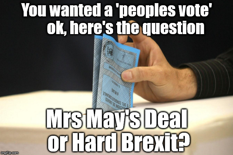 The 'Peoples vote' | You wanted a 'peoples vote'      ok, here's the question; Mrs May's Deal or Hard Brexit? | image tagged in peoples vote,brexit,remoaners,brexiteers,2nd referendum,mrs may's deal | made w/ Imgflip meme maker
