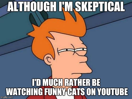 Futurama Fry | ALTHOUGH I'M SKEPTICAL; I'D MUCH RATHER BE WATCHING FUNNY CATS ON YOUTUBE | image tagged in memes,futurama fry | made w/ Imgflip meme maker