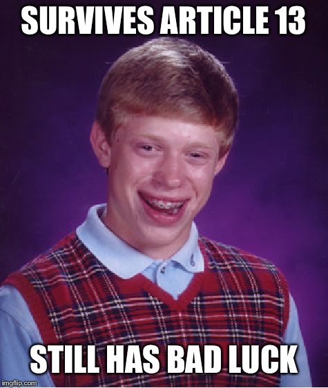 Our hero | SURVIVES ARTICLE 13; STILL HAS BAD LUCK | image tagged in memes,bad luck brian,article 13 | made w/ Imgflip meme maker
