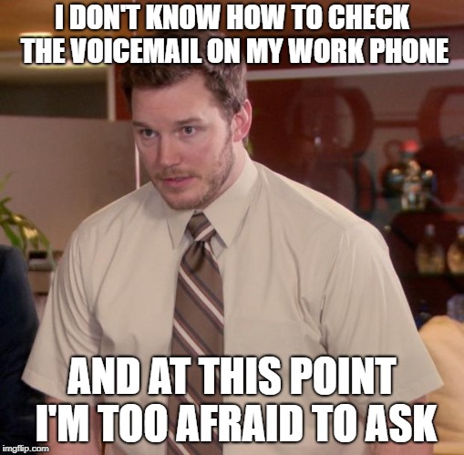Afraid To Ask Andy Meme | I DON'T KNOW HOW TO CHECK THE VOICEMAIL ON MY WORK PHONE; AND AT THIS POINT I'M TOO AFRAID TO ASK | image tagged in memes,afraid to ask andy,AdviceAnimals | made w/ Imgflip meme maker