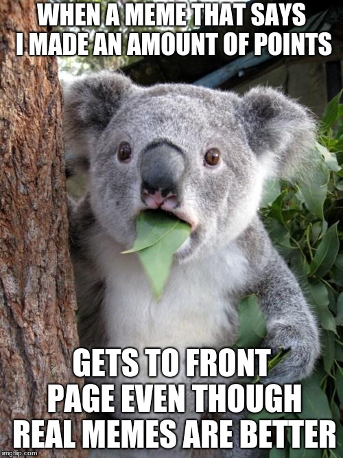 Surprised Koala Meme | WHEN A MEME THAT SAYS I MADE AN AMOUNT OF POINTS; GETS TO FRONT PAGE EVEN THOUGH REAL MEMES ARE BETTER | image tagged in memes,surprised koala | made w/ Imgflip meme maker