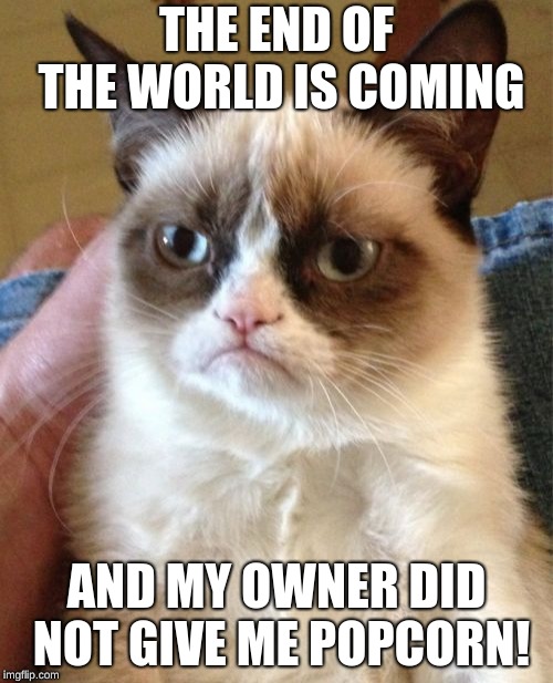 Grumpy Cat | THE END OF THE WORLD IS COMING; AND MY OWNER DID NOT GIVE ME POPCORN! | image tagged in memes,grumpy cat | made w/ Imgflip meme maker