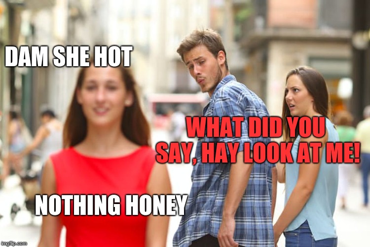 Distracted Boyfriend | DAM SHE HOT; WHAT DID YOU SAY, HAY LOOK AT ME! NOTHING HONEY | image tagged in memes,distracted boyfriend | made w/ Imgflip meme maker