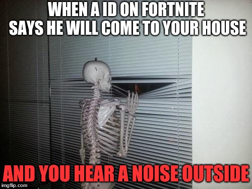 Skeleton Looking Out Window | WHEN A ID ON FORTNITE SAYS HE WILL COME TO YOUR HOUSE; AND YOU HEAR A NOISE OUTSIDE | image tagged in skeleton looking out window | made w/ Imgflip meme maker