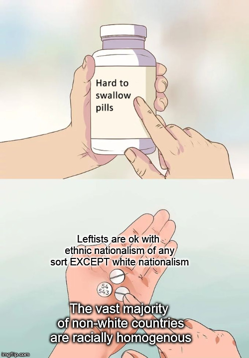 Hard To Swallow Pills | Leftists are ok with ethnic nationalism of any sort EXCEPT white nationalism; The vast majority of non-white countries are racially homogenous | image tagged in memes,hard to swallow pills | made w/ Imgflip meme maker