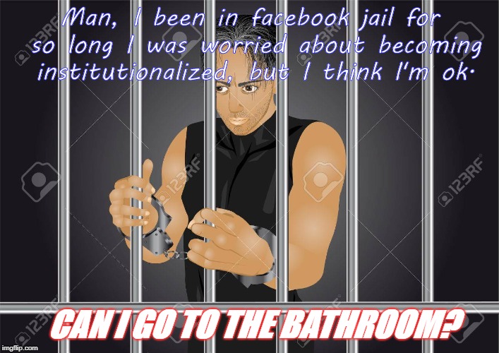 Man, I been in facebook jail for so long I was worried about becoming institutionalized, but I think I'm ok. CAN I GO TO THE BATHROOM? | image tagged in jail | made w/ Imgflip meme maker