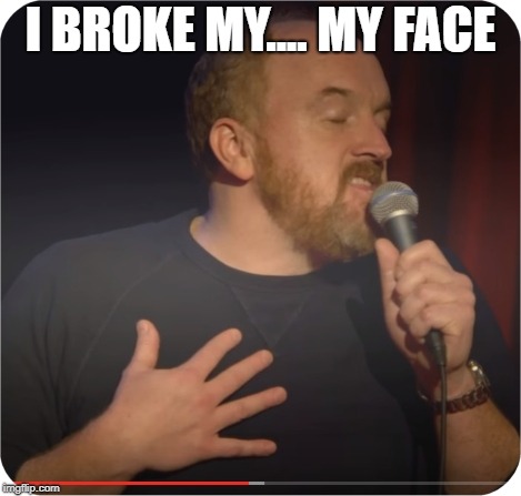 I BROKE MY.... MY FACE | image tagged in louie ck my life | made w/ Imgflip meme maker