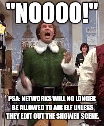 Buddy The Elf | "NOOOO!"; PSA: NETWORKS WILL NO LONGER BE ALLOWED TO AIR ELF UNLESS THEY EDIT OUT THE SHOWER SCENE. | image tagged in buddy the elf | made w/ Imgflip meme maker
