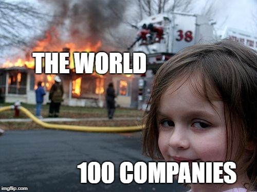 Disaster Girl Meme | THE WORLD; 100 COMPANIES | image tagged in memes,disaster girl | made w/ Imgflip meme maker