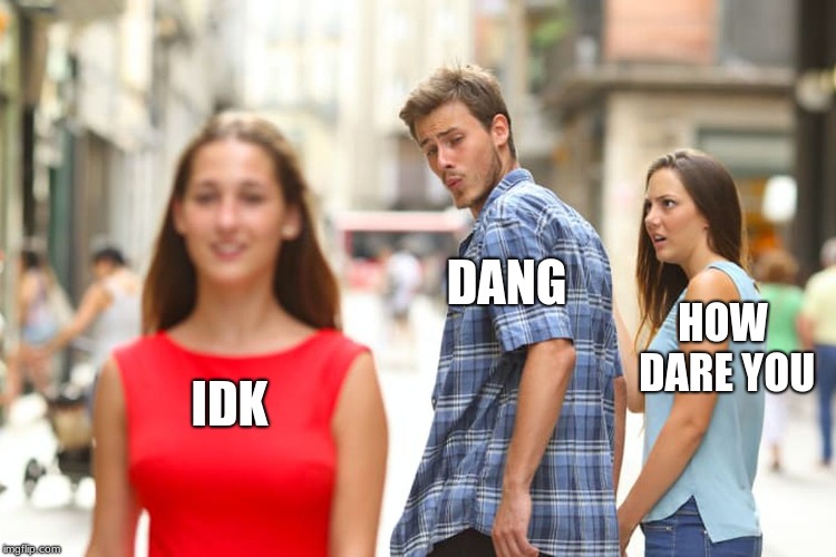 Distracted Boyfriend | DANG; HOW DARE YOU; IDK | image tagged in memes,distracted boyfriend | made w/ Imgflip meme maker