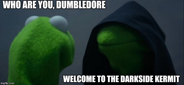 Evil Kermit | WHO ARE YOU, DUMBLEDORE; WELCOME TO THE DARKSIDE KERMIT | image tagged in memes,evil kermit | made w/ Imgflip meme maker