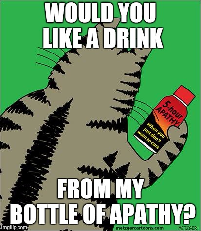 5-hour apathy drink | WOULD YOU LIKE A DRINK; FROM MY BOTTLE OF APATHY? | image tagged in 5-hour apathy drink | made w/ Imgflip meme maker