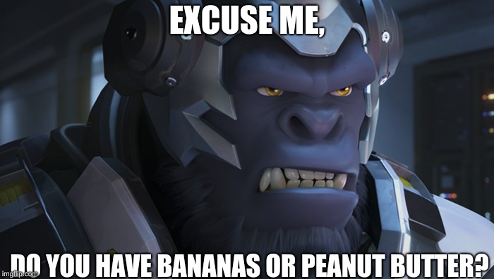 Winston Overwatch | EXCUSE ME, DO YOU HAVE BANANAS OR PEANUT BUTTER? | image tagged in winston overwatch | made w/ Imgflip meme maker
