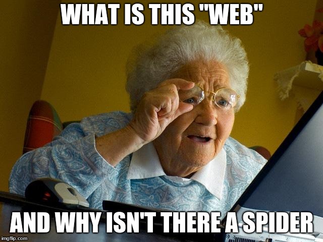 Grandma Finds The Internet | WHAT IS THIS "WEB"; AND WHY ISN'T THERE A SPIDER | image tagged in memes,grandma finds the internet | made w/ Imgflip meme maker