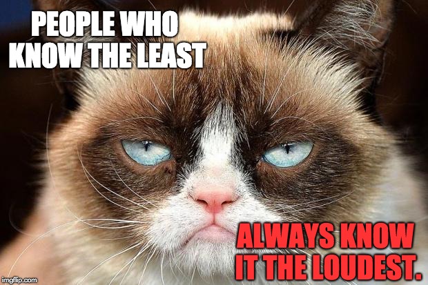 Grumpy Cat Not Amused | PEOPLE WHO KNOW THE LEAST; ALWAYS KNOW IT THE LOUDEST. | image tagged in memes,grumpy cat not amused,grumpy cat | made w/ Imgflip meme maker