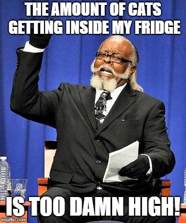 Too High | THE AMOUNT OF CATS GETTING INSIDE MY FRIDGE IS TOO DAMN HIGH! | image tagged in too high | made w/ Imgflip meme maker
