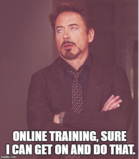 Face You Make Robert Downey Jr Meme | ONLINE TRAINING, SURE I CAN GET ON AND DO THAT. | image tagged in memes,face you make robert downey jr | made w/ Imgflip meme maker