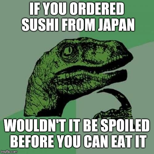 Philosoraptor Meme | IF YOU ORDERED SUSHI FROM JAPAN; WOULDN'T IT BE SPOILED BEFORE YOU CAN EAT IT | image tagged in memes,philosoraptor | made w/ Imgflip meme maker