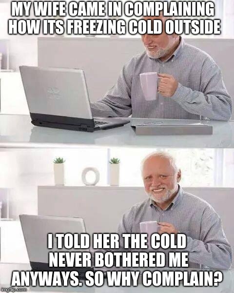 I wonder if anyone got the Frozen pun. | MY WIFE CAME IN COMPLAINING HOW ITS FREEZING COLD OUTSIDE; I TOLD HER THE COLD NEVER BOTHERED ME ANYWAYS. SO WHY COMPLAIN? | image tagged in memes,hide the pain harold | made w/ Imgflip meme maker