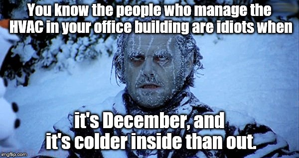 ARGH! | You know the people who manage the HVAC in your office building are idiots when; it's December, and it's colder inside than out. | image tagged in freezing cold | made w/ Imgflip meme maker