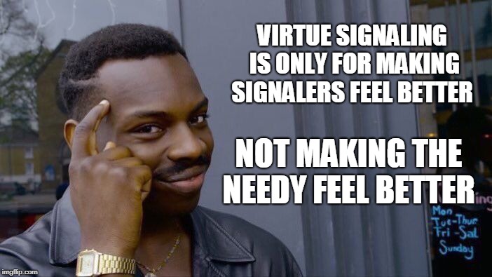 Roll Safe Think About It Meme | VIRTUE SIGNALING IS ONLY FOR MAKING SIGNALERS FEEL BETTER NOT MAKING THE NEEDY FEEL BETTER | image tagged in memes,roll safe think about it | made w/ Imgflip meme maker