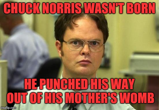Dwight Schrute Meme | CHUCK NORRIS WASN'T BORN HE PUNCHED HIS WAY OUT OF HIS MOTHER'S WOMB | image tagged in memes,dwight schrute | made w/ Imgflip meme maker