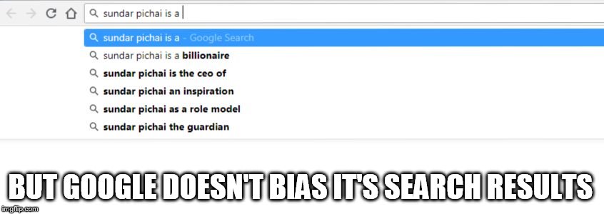 Sundar Pichai Search Results | BUT GOOGLE DOESN'T BIAS IT'S SEARCH RESULTS | image tagged in sundar pichai search results | made w/ Imgflip meme maker