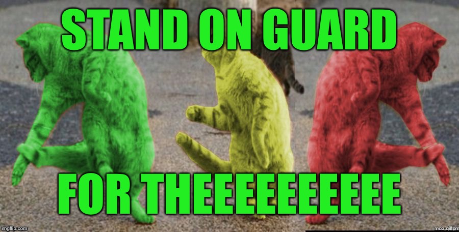Three Dancing RayCats | STAND ON GUARD FOR THEEEEEEEEEE | image tagged in three dancing raycats | made w/ Imgflip meme maker