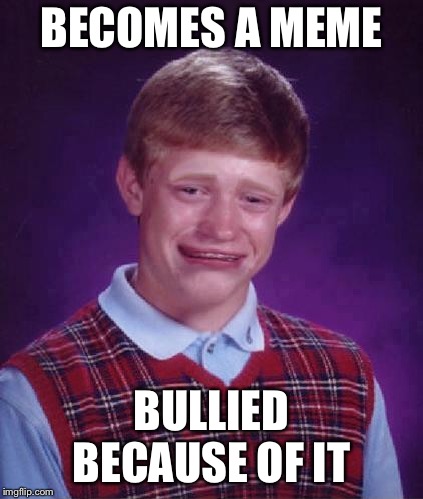 Bad Luck Brian Cry | BECOMES A MEME; BULLIED BECAUSE OF IT | image tagged in bad luck brian cry | made w/ Imgflip meme maker