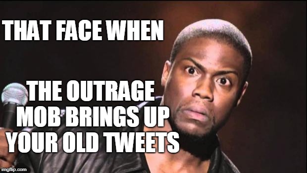 kevin heart idiot | THAT FACE WHEN THE OUTRAGE MOB BRINGS UP YOUR OLD TWEETS | image tagged in kevin heart idiot | made w/ Imgflip meme maker