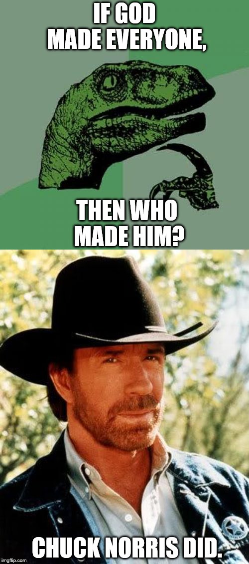 IF GOD MADE EVERYONE, THEN WHO MADE HIM? CHUCK NORRIS DID. | image tagged in memes,philosoraptor,chuck norris | made w/ Imgflip meme maker
