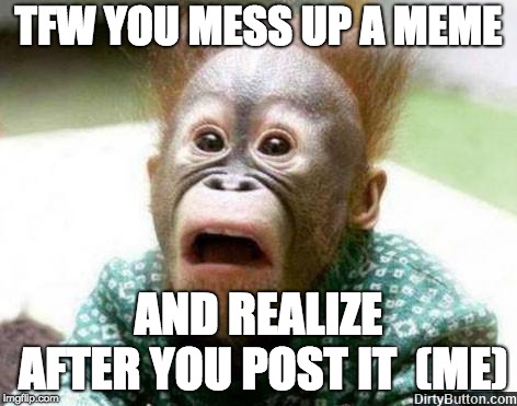 OH SHIT MONKEY | TFW YOU MESS UP A MEME; AND REALIZE AFTER YOU POST IT

(ME) | image tagged in oh shit monkey | made w/ Imgflip meme maker