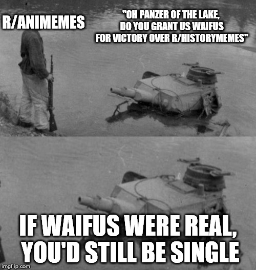 Panzer of the lake | "OH PANZER OF THE LAKE, DO YOU GRANT US WAIFUS FOR VICTORY OVER R/HISTORYMEMES"; R/ANIMEMES; IF WAIFUS WERE REAL, YOU'D STILL BE SINGLE | image tagged in panzer of the lake | made w/ Imgflip meme maker