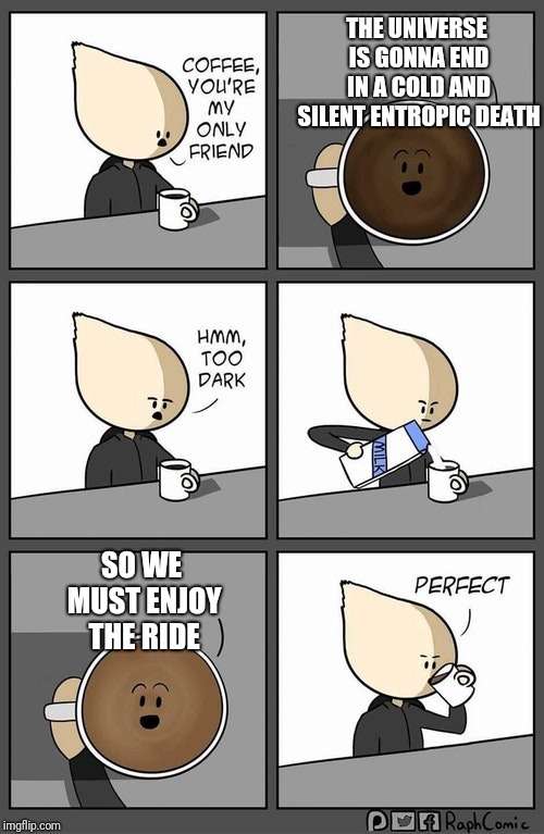 Coffee Too Dark | THE UNIVERSE IS GONNA END IN A COLD AND SILENT ENTROPIC DEATH; SO WE MUST ENJOY THE RIDE | image tagged in coffee too dark | made w/ Imgflip meme maker