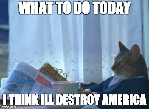 I Should Buy A Boat Cat | WHAT TO DO TODAY; I THINK ILL DESTROY AMERICA | image tagged in memes,i should buy a boat cat | made w/ Imgflip meme maker