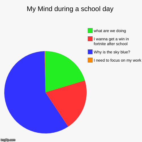 My Mind during a school day | I need to focus on my work, Why is the sky blue?, I wanna get a win in fortnite after school, what are we doin | image tagged in funny,pie charts | made w/ Imgflip chart maker