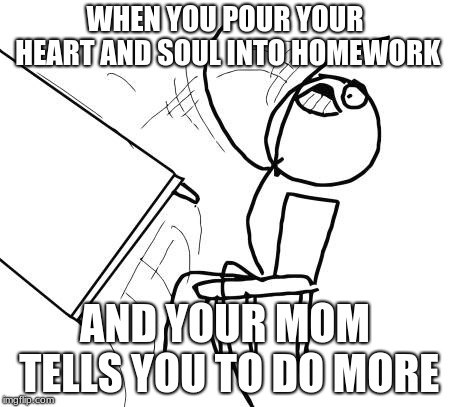 Table Flip Guy | WHEN YOU POUR YOUR HEART AND SOUL INTO HOMEWORK; AND YOUR MOM TELLS YOU TO DO MORE | image tagged in memes,table flip guy | made w/ Imgflip meme maker