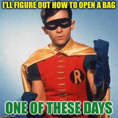 Robin | I'LL FIGURE OUT HOW TO OPEN A BAG ONE OF THESE DAYS | image tagged in robin | made w/ Imgflip meme maker