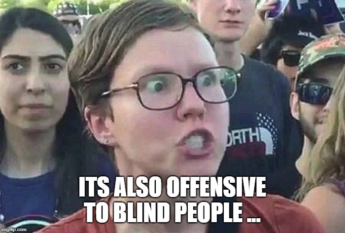 Triggered Liberal | ITS ALSO OFFENSIVE TO BLIND PEOPLE ... | image tagged in triggered liberal | made w/ Imgflip meme maker