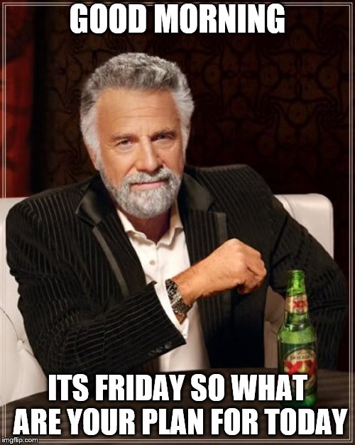 good morning
 | GOOD MORNING; ITS FRIDAY SO WHAT ARE YOUR PLAN FOR TODAY | image tagged in memes,the most interesting man in the world,friday morning,friday,meme | made w/ Imgflip meme maker