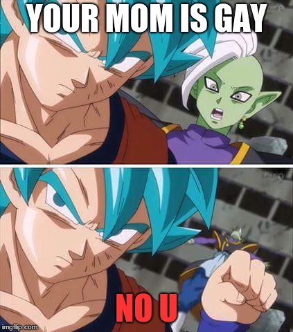 Goku hits zamasu | YOUR MOM IS GAY; NO U | image tagged in goku hits zamasu | made w/ Imgflip meme maker