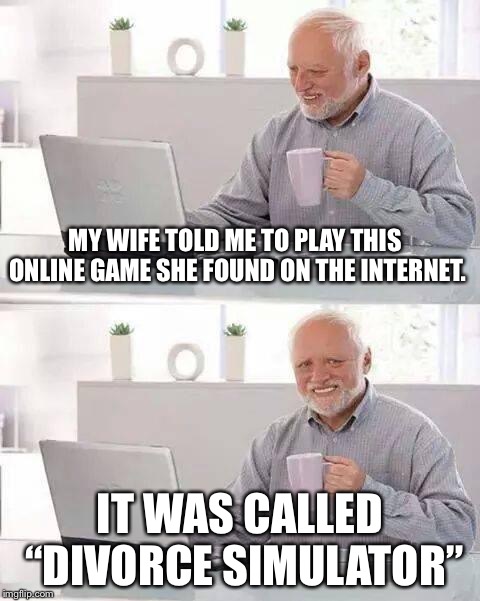Harold knows what’s coming up... | MY WIFE TOLD ME TO PLAY THIS ONLINE GAME SHE FOUND ON THE INTERNET. IT WAS CALLED “DIVORCE SIMULATOR” | image tagged in memes,hide the pain harold,divorce | made w/ Imgflip meme maker