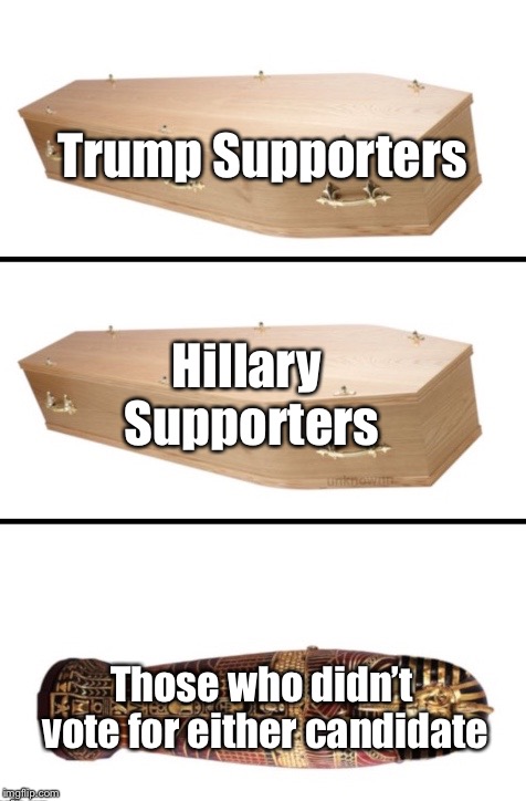 2016 election was a mess, wasn’t it? | Trump Supporters; Hillary Supporters; Those who didn’t vote for either candidate | image tagged in coffin  sarcophagus,meme,memes,election 2016 | made w/ Imgflip meme maker