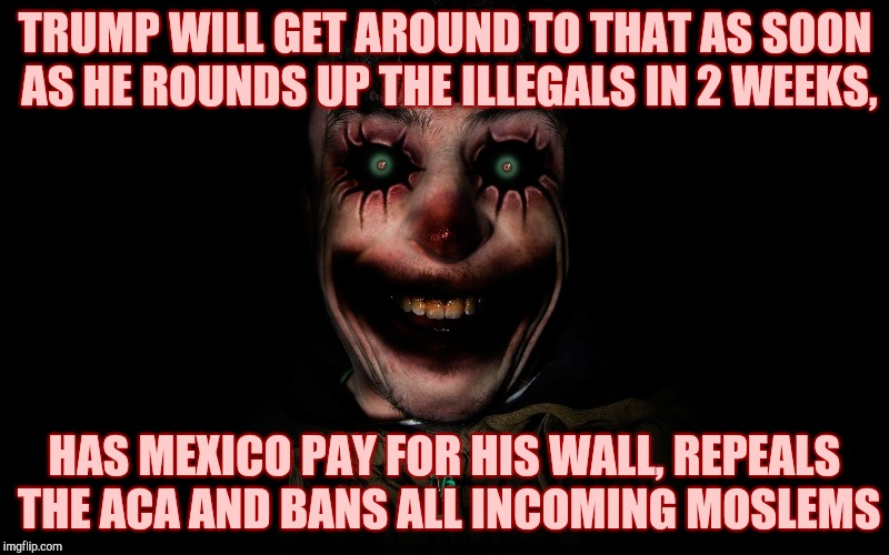 TRUMP WILL GET AROUND TO THAT AS SOON AS HE ROUNDS UP THE ILLEGALS IN 2 WEEKS, HAS MEXICO PAY FOR HIS WALL, REPEALS THE ACA AND BANS ALL INC | made w/ Imgflip meme maker